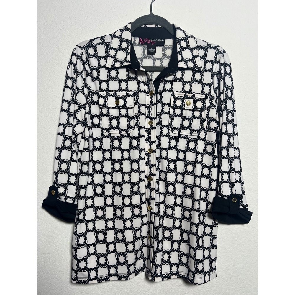 Peck & Peck Button Down Shirt S White Black Womens Mod Geometric 3/4 Sleeve Top